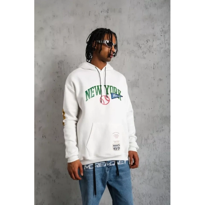 Biçomi Erkek Baskılı Kapüşonlu Sweatshirt - Beyaz