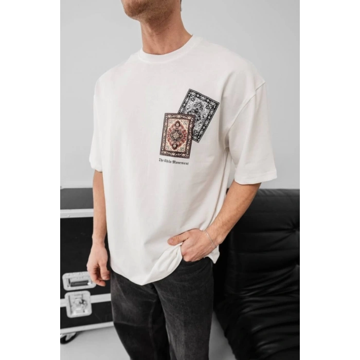 Biçomi Erkek Baskılı Oversize T-shirt - Beyaz