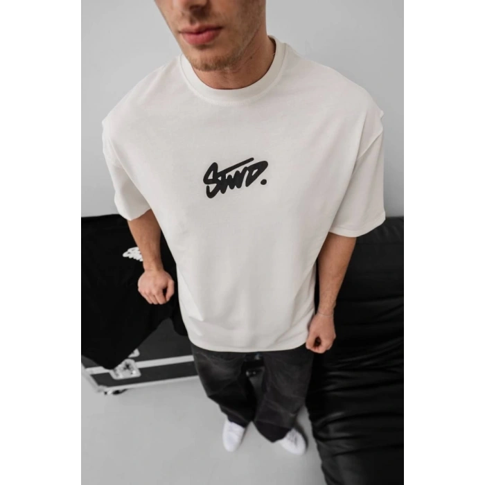 Biçomi Erkek Baskılı Oversize T-shirt - Beyaz