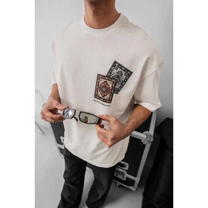Biçomi Erkek Baskılı Oversize T-shirt - Beyaz