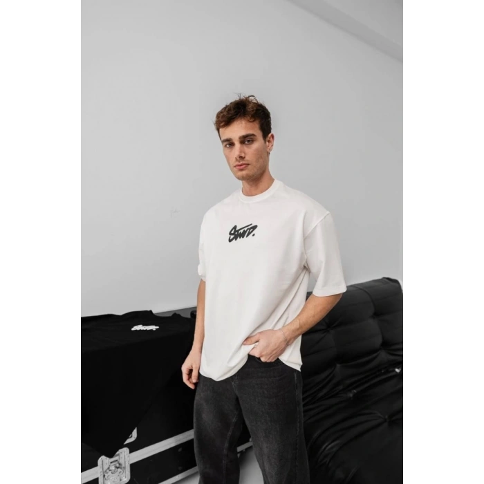 Biçomi Erkek Baskılı Oversize T-shirt - Beyaz