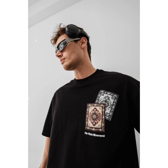 Biçomi Erkek Baskılı Oversize T-shirt - Siyah