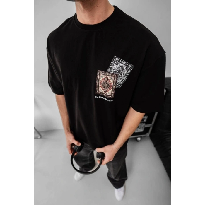 Biçomi Erkek Baskılı Oversize T-shirt - Siyah