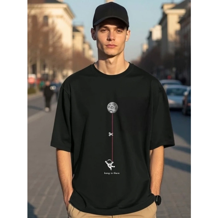 Biçomi Erkek Baskılı Oversize T-shirt - Siyah