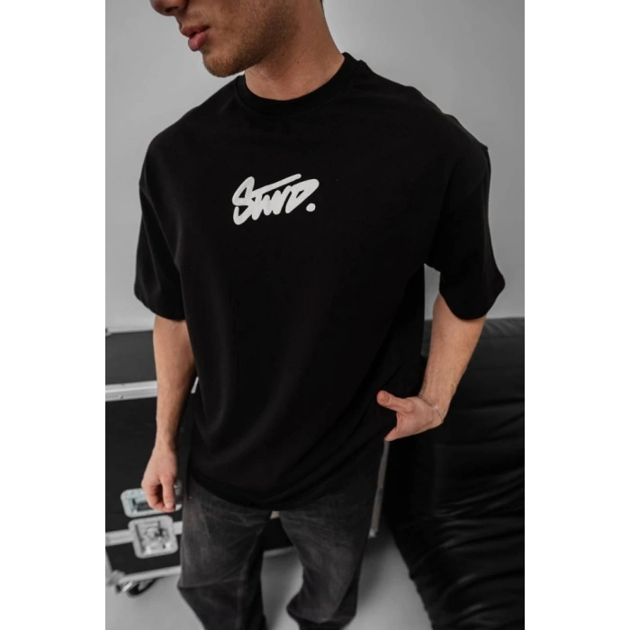 Biçomi Erkek Baskılı Oversize T-shirt - Siyah
