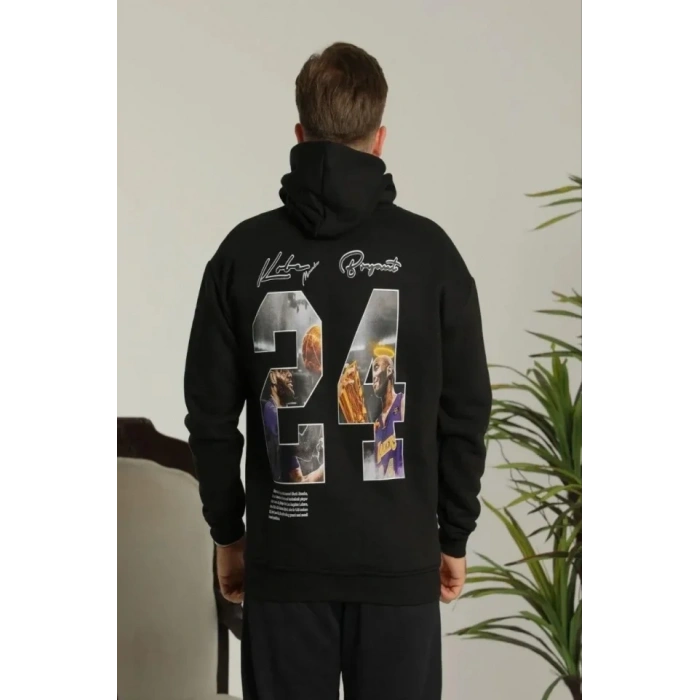 Biçomi Erkek Baskılı Oversize Üç İplik Kapüşonlu Sweatshirt - Siyah