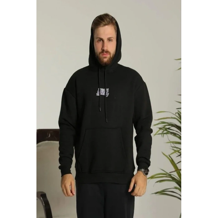 Biçomi Erkek Baskılı Oversize Üç İplik Kapüşonlu Sweatshirt - Siyah