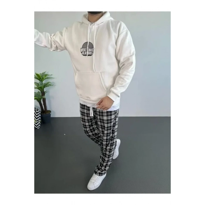 Biçomi Erkek Baskılı Üç İplik Kapüşonlu Oversize Sweatshirt - Beyaz