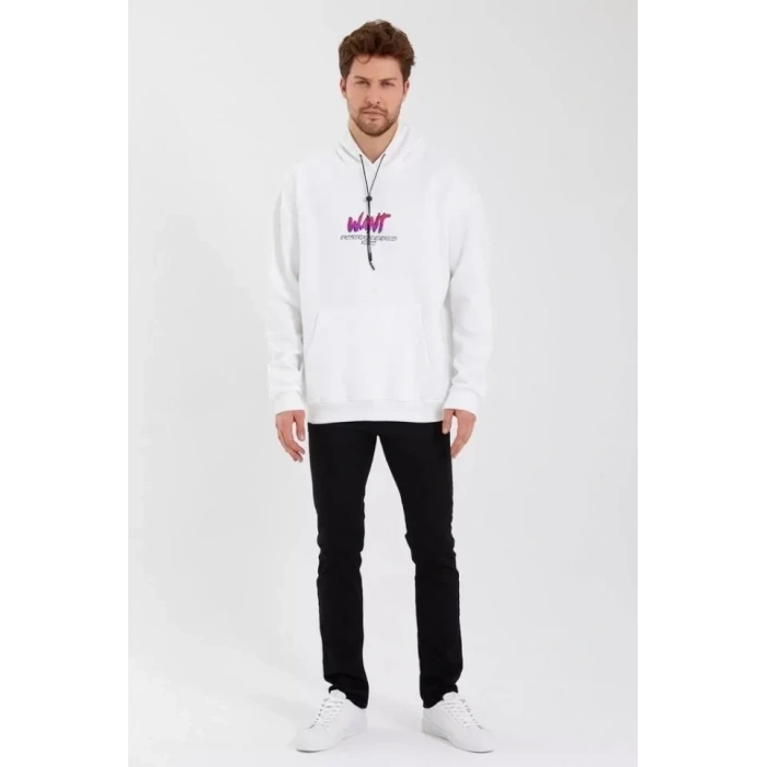 Biçomi Erkek Baskılı Üç İplik Kapüşonlu Oversize Sweatshirt - Beyaz