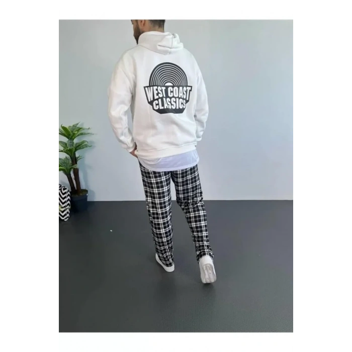 Biçomi Erkek Baskılı Üç İplik Kapüşonlu Oversize Sweatshirt - Beyaz