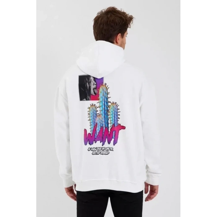 Biçomi Erkek Baskılı Üç İplik Kapüşonlu Oversize Sweatshirt - Beyaz