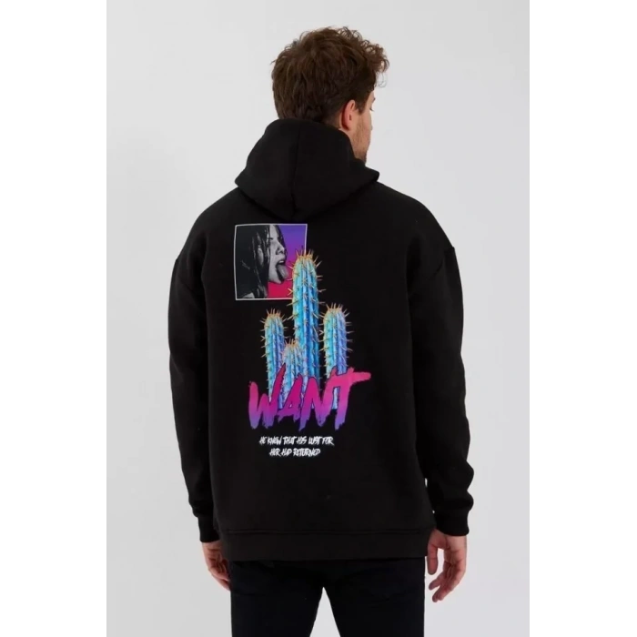 Biçomi Erkek Baskılı Üç İplik Kapüşonlu Oversize Sweatshirt - Siyah