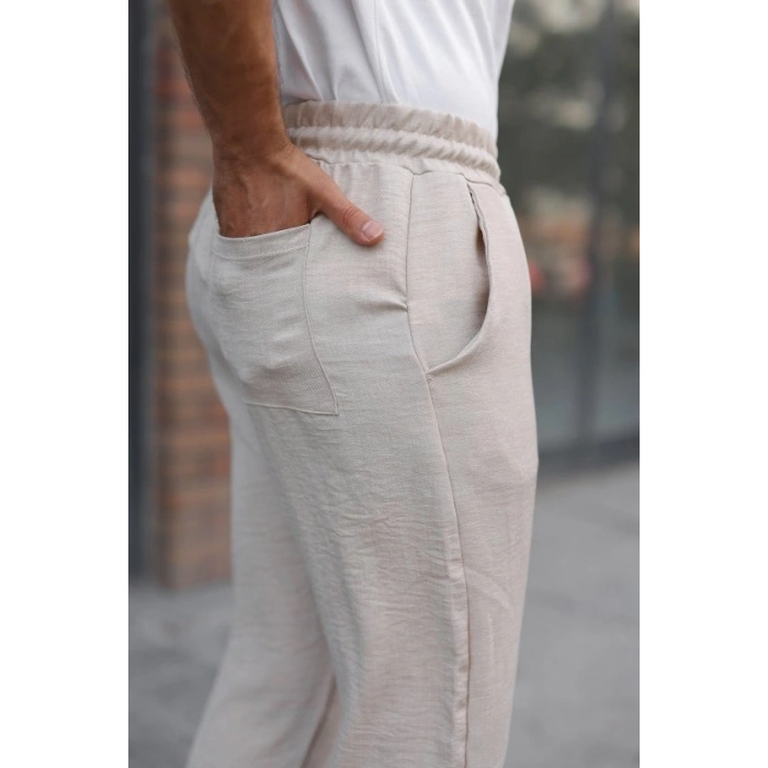 Biçomi Erkek Beli Lastikli Pera Keten Pantolon