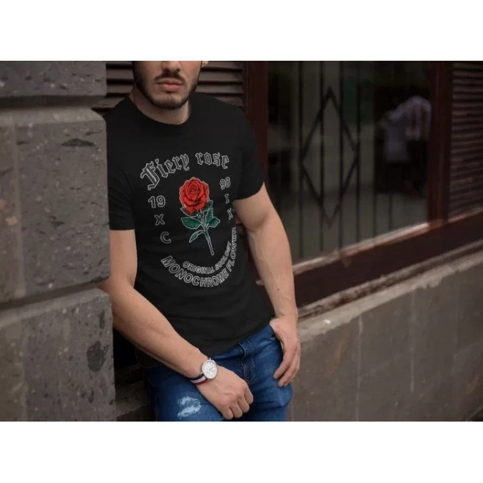 Biçomi Erkek Bisiklet Yaka Baskılı Oversize T-Shirt - Siyah