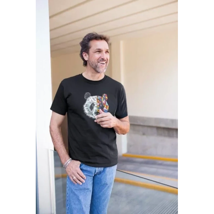 Biçomi Erkek Bisiklet Yaka Baskılı Oversize T-Shirt - Siyah