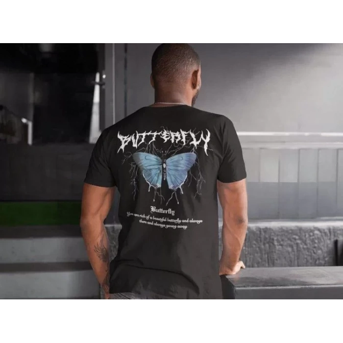 Biçomi Erkek Bisiklet Yaka Baskılı Oversize T-Shirt - Siyah