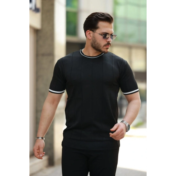 Biçomi Erkek Bisiklet Yaka çizgi Desenli Ribanalı Kısa Kollu Tshirt
