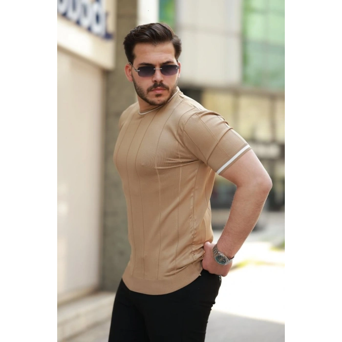 Biçomi Erkek Bisiklet Yaka çizgi Desenli Ribanalı Kısa Kollu Tshirt
