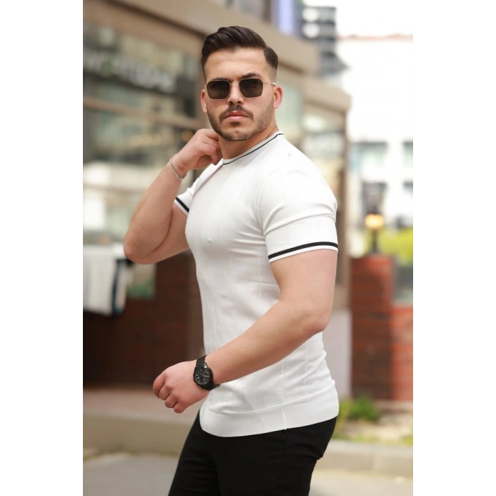 Biçomi Erkek Bisiklet Yaka çizgi Desenli Ribanalı Kısa Kollu Tshirt