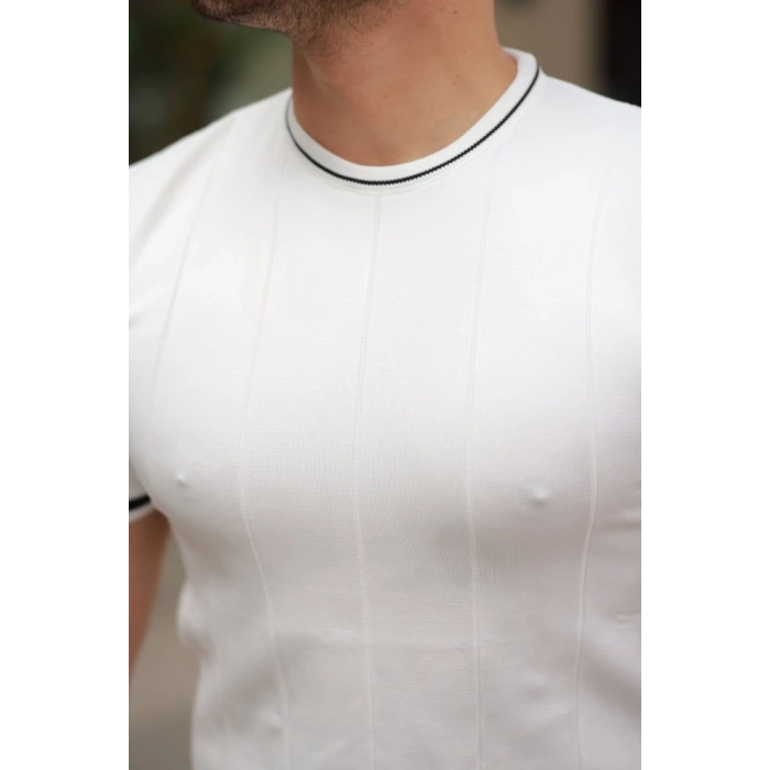 Biçomi Erkek Bisiklet Yaka çizgi Desenli Ribanalı Kısa Kollu Tshirt