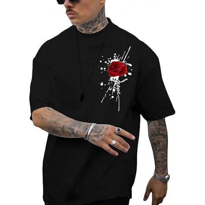 Biçomi Erkek Bisiklet Yaka Kısa Kol Baskılı T-shirt - Siyah