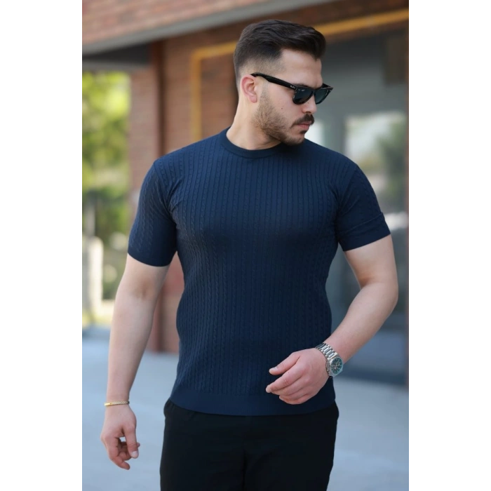 Biçomi Erkek Bisiklet Yaka örgü Desenli Kısa örme Triko Kısa Kollu T-shirt