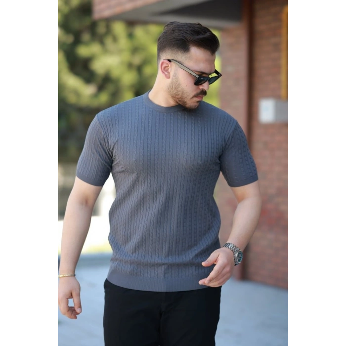 Biçomi Erkek Bisiklet Yaka örgü Desenli Kısa örme Triko Kısa Kollu T-shirt
