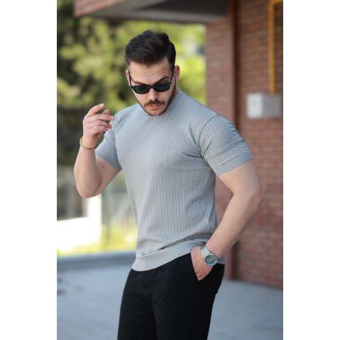 Biçomi Erkek Bisiklet Yaka örgü Desenli Kısa örme Triko Kısa Kollu T-shirt