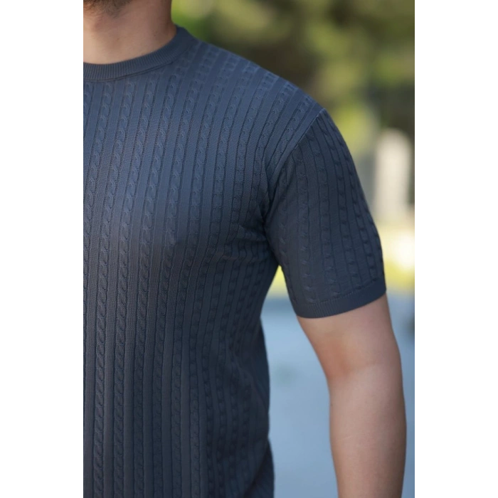 Biçomi Erkek Bisiklet Yaka örgü Desenli Kısa örme Triko Kısa Kollu T-shirt