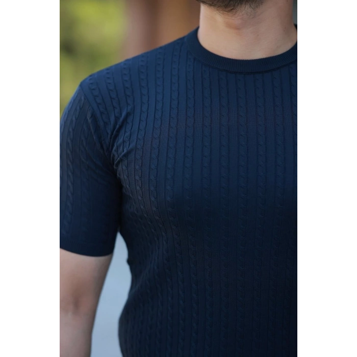 Biçomi Erkek Bisiklet Yaka örgü Desenli Kısa örme Triko Kısa Kollu T-shirt