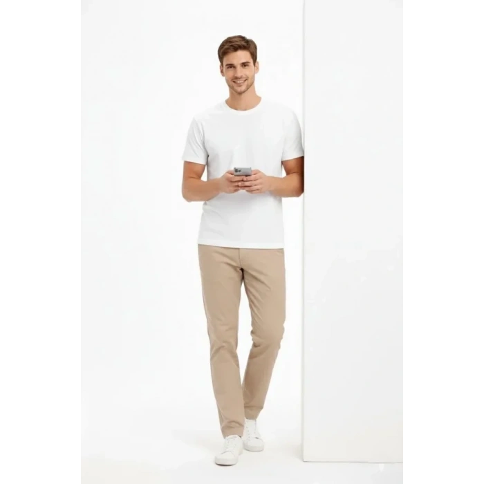 Biçomi Erkek Bisiklet Yaka Tişört Regular Kalıp Basic Pamuklu Günlük Kullanım T-shirt - Beyaz