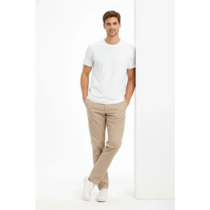 Biçomi Erkek Bisiklet Yaka Tişört Regular Kalıp Basic Pamuklu Günlük Kullanım T-shirt - Beyaz
