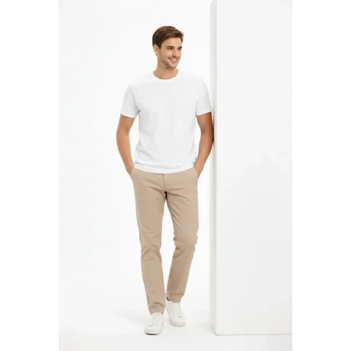 Biçomi Erkek Bisiklet Yaka Tişört Regular Kalıp Basic Pamuklu Günlük Kullanım T-shirt - Beyaz