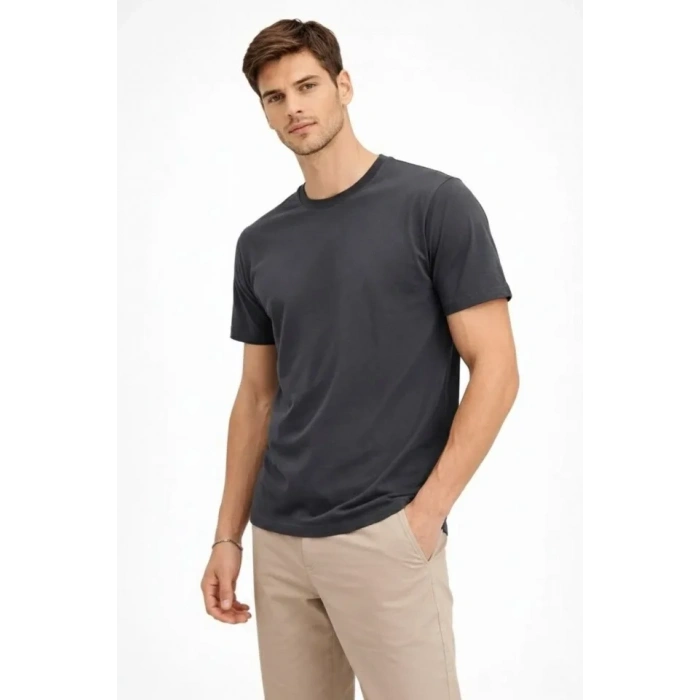Biçomi Erkek Bisiklet Yaka Tişört Regular Kalıp Basic Pamuklu Günlük Kullanım T-shirt - Füme