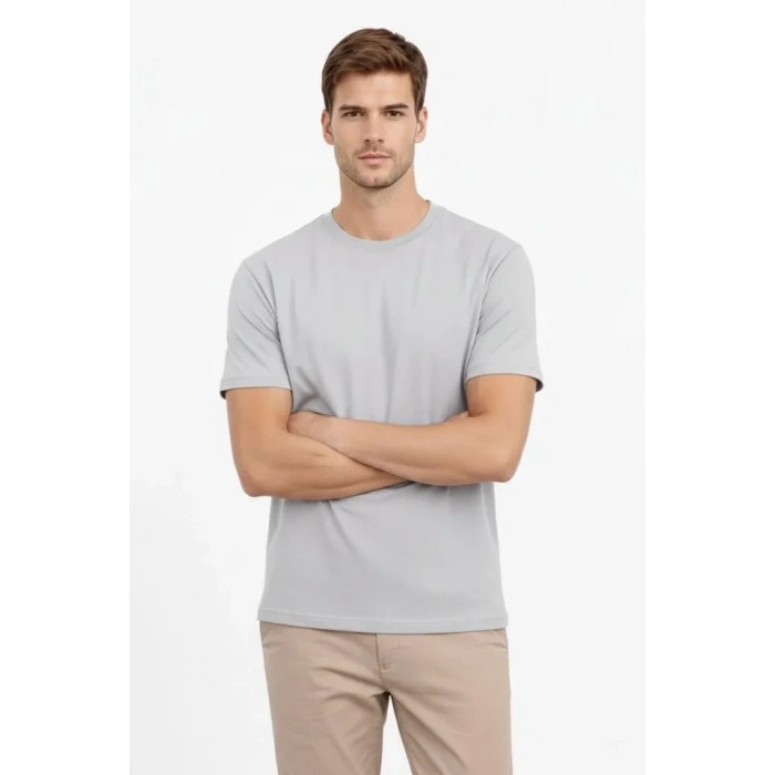 Biçomi Erkek Bisiklet Yaka Tişört Regular Kalıp Basic Pamuklu Günlük Kullanım T-shirt - Gri