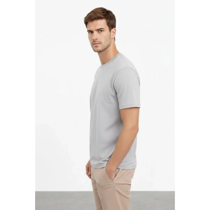 Biçomi Erkek Bisiklet Yaka Tişört Regular Kalıp Basic Pamuklu Günlük Kullanım T-shirt - Gri