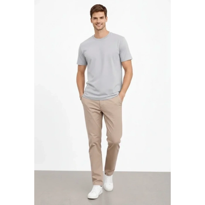Biçomi Erkek Bisiklet Yaka Tişört Regular Kalıp Basic Pamuklu Günlük Kullanım T-shirt - Gri
