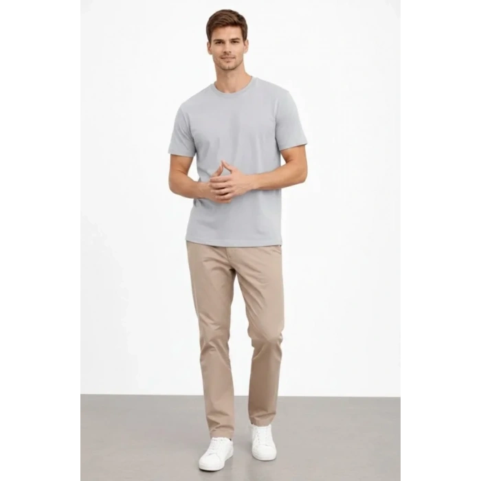 Biçomi Erkek Bisiklet Yaka Tişört Regular Kalıp Basic Pamuklu Günlük Kullanım T-shirt - Gri