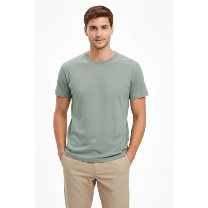 Biçomi Erkek Bisiklet Yaka Tişört Regular Kalıp Basic Pamuklu Günlük Kullanım T-shirt - Mint Yeşili