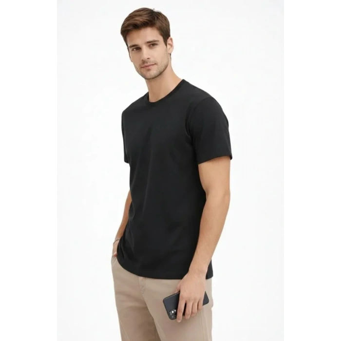 Biçomi Erkek Bisiklet Yaka Tişört Regular Kalıp Basic Pamuklu Günlük Kullanım T-shirt - Siyah