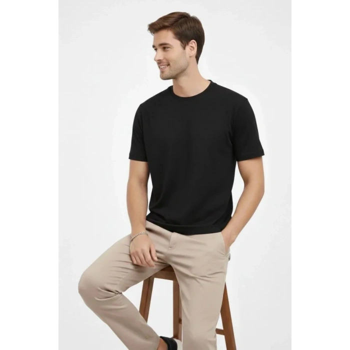 Biçomi Erkek Bisiklet Yaka Tişört Regular Kalıp Basic Pamuklu Günlük Kullanım T-shirt - Siyah