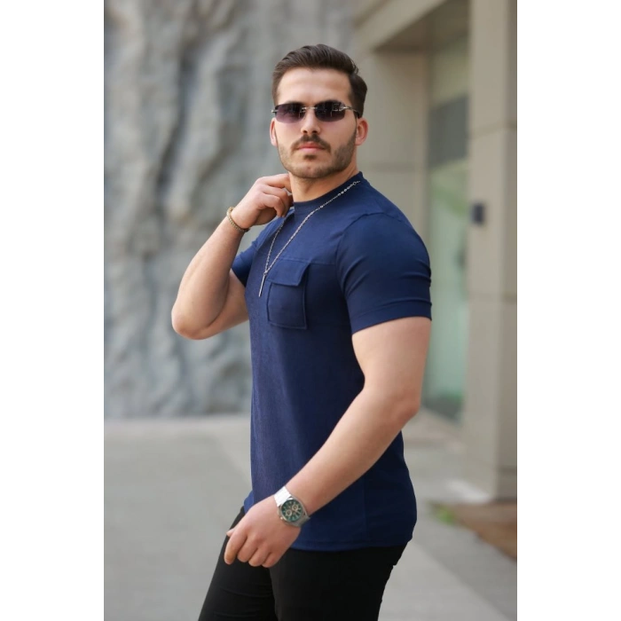 Biçomi Erkek Cepli Kolyeli Kısa Kollu örme Kumaş Tişört