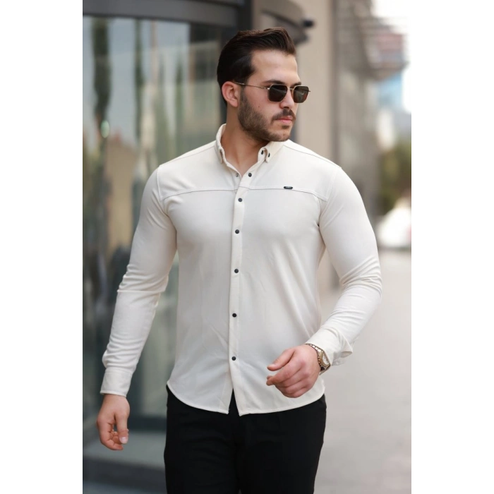 Biçomi Erkek çıtçıt Düğmeli Dikiş Detaylı Uzun Kollu Gömlek