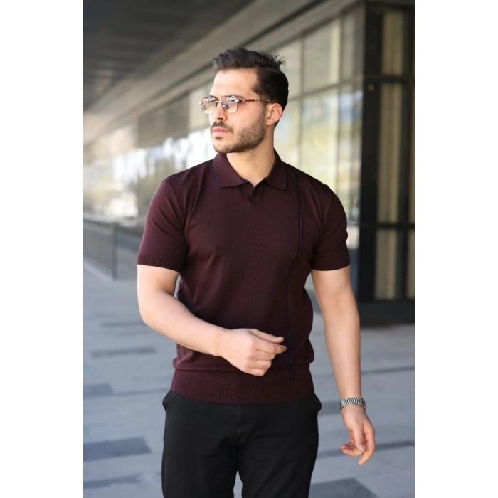 Biçomi Erkek Çizgi Detaylı Yakalı Triko Tişört