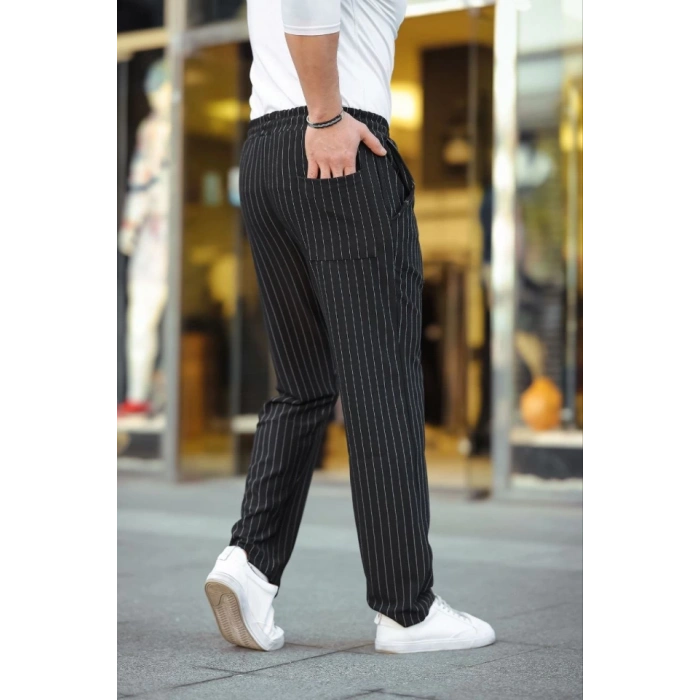 Biçomi Erkek Cizgili Dokuma Krep Jogger Buggy Pantalon Rahat Kalıp - Siyah