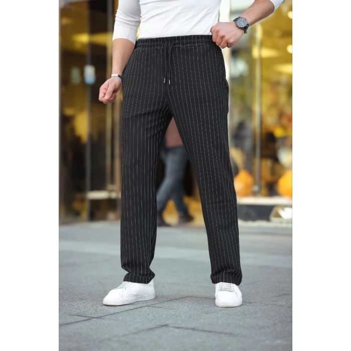 Biçomi Erkek Cizgili Dokuma Krep Jogger Buggy Pantalon Rahat Kalıp - Siyah