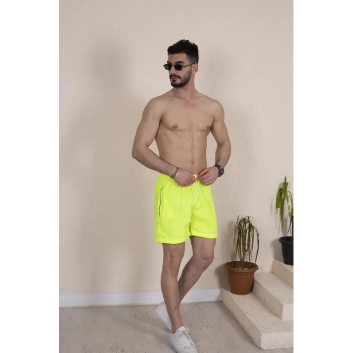 Biçomi Erkek Deniz Şortu Fermuarlı Cepli File Astarlı - Neon Yeşili