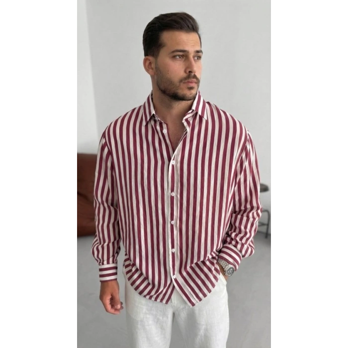 Biçomi Erkek Dikey Çizgili Yarım Oversize Gömlek