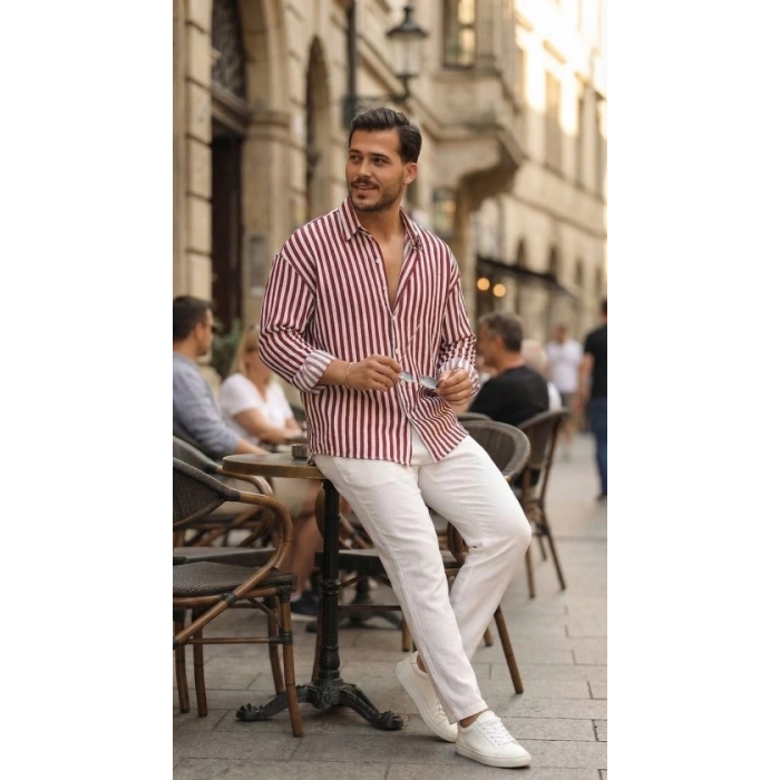 Biçomi Erkek Dikey Çizgili Yarım Oversize Gömlek