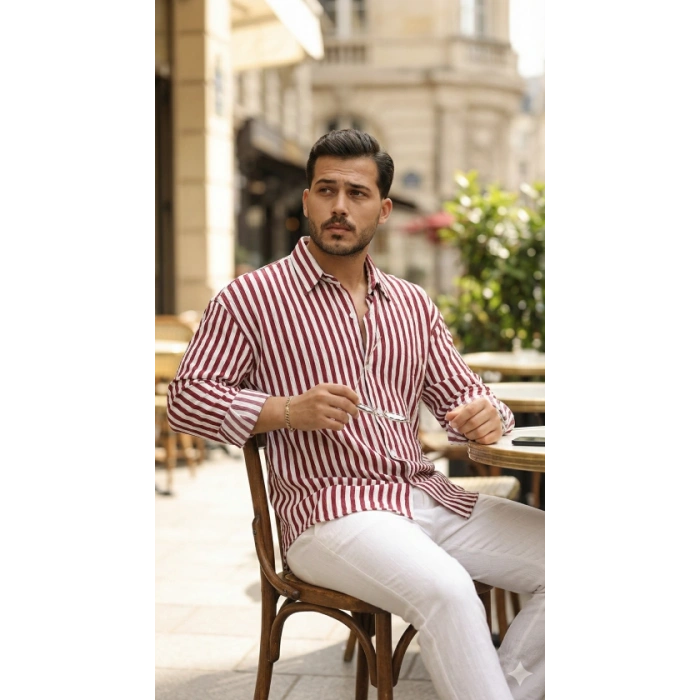 Biçomi Erkek Dikey Çizgili Yarım Oversize Gömlek